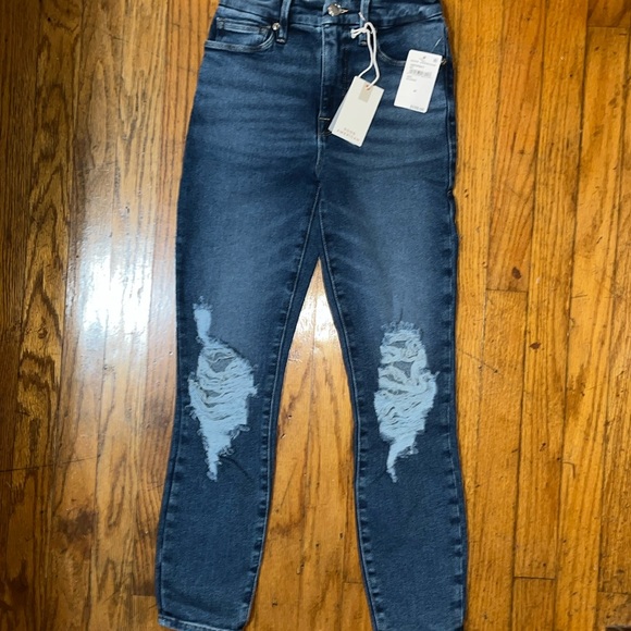 NWT Good American Hi Rise Skinny Distressed Denim Blue Jeans Size 24 - Picture 2 of 12
